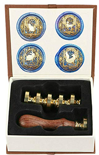 ANBOSE Starry Animal Wax Seal Stamp Set with 4 PCS Removable Brass Heads and 1 Wooden Handle, Retro Vintage Cat Deer Rabbit Fox Sealing Wax Stamp for Letter Cards Invitations
