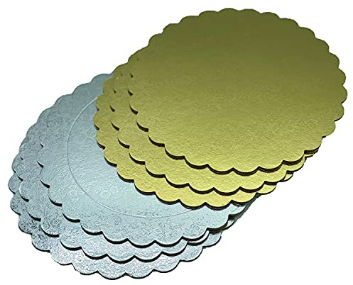 Tårtbräda set, tårtunderlägg i guld och silver i 3 mm tjock kartong mönstrad med dekorativ kant, vågig tandad tin olika mängder för servering, transport och stapling av kakor och kakor