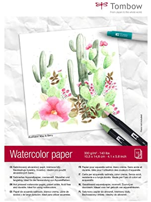 Tombow Aquarellblock DIN A6 (10,5 x 14,8 cm), 300 g/m², cremeweiß, satiniert PB-AQUA-COVER-6