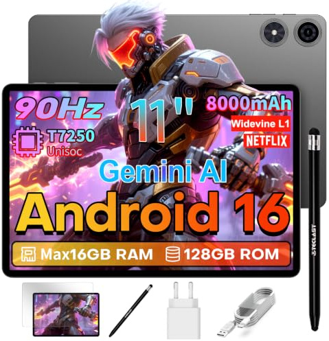 TECLAST P50T Android 16 Tablette 11 Pouces Gemini AI, Écran 90Hz, T7250 2GHz Octa Core, 8000mAh, 16Go RAM+128Go ROM(TF 5To), Widevine L1, 5G WiFi 6, GPS/13MP/OTG/GMS, 2026 Tablette Tactile avec Stylet