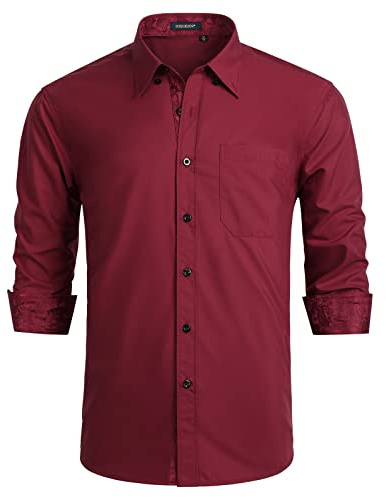 HISDERN Herrskjorta Regular Fit L?ng?rmad Businessskjorta Formell Button Down Med Fickor Vinr?d 2XL