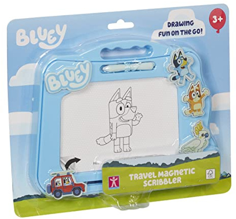 Bluey Travel Magnetic Scribbler pad with pen and 3 stamps, draw and erase with no mess, Blue