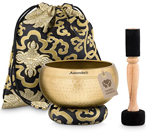 Tibetisches Klangschale-Set für Yoga, Meditation und Entspannung - gehämmerte Tibetische Klangschale Ø 13,5 cm, Doppel-Schlägel mit Filz und Leder, Ring-Kissen, Beutel und Anleitung