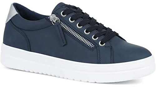 Pavers Ladies Supportive Lace-Up Fashion Trainers in Navy with Chunky Platform Sole and Faux Leather - Side Zip Casual Flat Shoes - Size UK 5 / EU 38