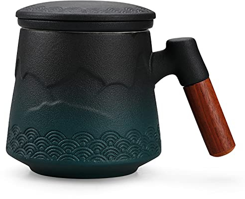 NCQIXIAO Tekopp med infusionsanordning och lock, graderat berg och spray temugg koppar med infusion, trähandtag keramisk kaffemugg med lock te 430 ml (14 oz) (tonad grön)