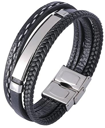 Ayoiow Männer Armband Indianer, Edelstahl Armreifen Armkette Herren Leder 3 Lagiges Schwarz Flechtarmband mit ID Tag