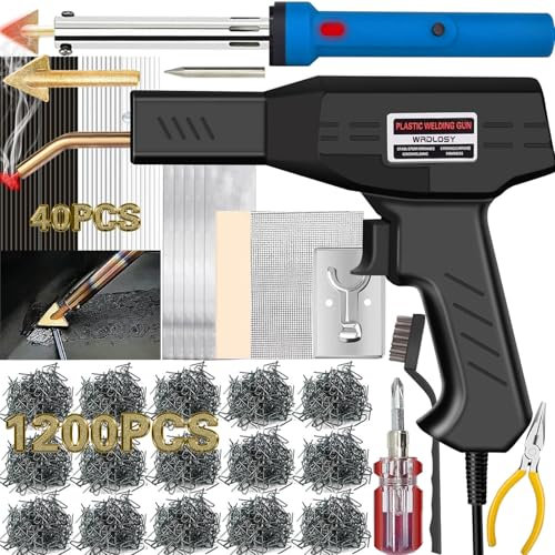 Wrdlosy Kunststoff-Schweißgerät, 220 W, 1200 Heftklammern, 40 Stangen, Kunststoff-Schweißset, 5-in-1-Schweißspitzen, Band, Schleifpapier, Drahtgitter, Ständer, Metallbürsten-Schraubendreher,