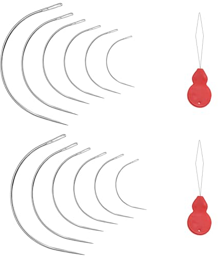 Ledernadel Sattlergarn Ledernadeln，12 Stück C Form Gebogene Nadeln mit 2 Stück Nadeleinfädler, gebogene nadeln dünn, für Stile Nähnadeln Leder Nähgarn Handstichwerkzeuge, Ledernähen Teppich.