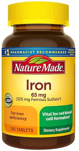 Nature Made Iron 65 mg (from Ferrous Sulfate) Tablets for Red Blood Cell Formation (365 ct.).