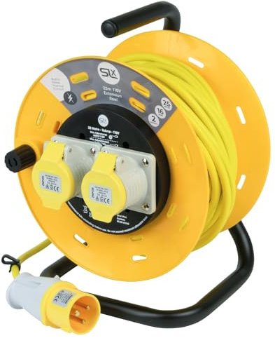 SLx 110V Extension Lead Industrial 25m Open Drum Cable Reels, 2 Socket with Thermal Cut Out, Heavy Duty Indoor and Outdoor Extension Cable, 16A Fused UK Plug