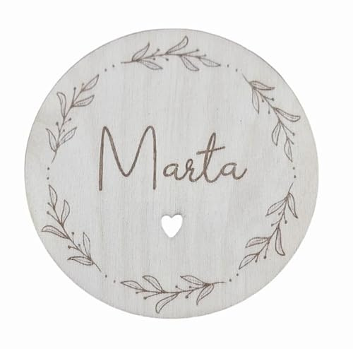 Personalisierte Namensscheibe Baby mit Blumenkranz | Holzscheibe mit Namen | Ankündigung zur Geburt | Geschenkidee (15 cm)