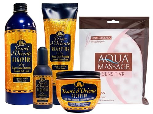 SET AEGYPTUS: Bagno Crema Aromatico 500ml + Doccia Crema Aromatica 250ml + Crema Corpo Aromatica 300ml + Profumo Aromatico 100ml + Guanto In Spugna