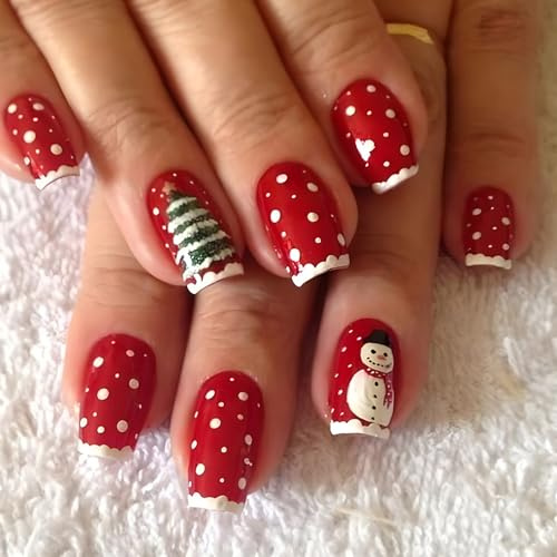 24Pcs Noël Rouge Faux Ongles Court Carré, French Press on Nails Mignon Bonhomme de Neige Sapin de Noël Ongles à Coller, Artificiels Réutilisables Ongles à Presser pour Femmes et Filles Nail Art