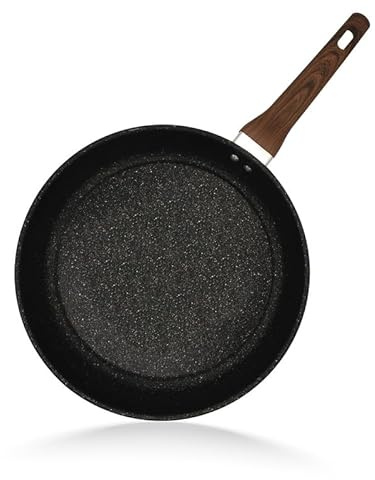 Non-Stick Frying Pan with Wooden Handles (30 cm) Suitable for Induction, Electric and Gas Hobs | Stone Frying Pan | Anti-Scratch Pans