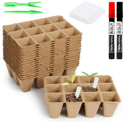 OldPAPA 20 Pack 240 Cells Square Seed Trays Biodegradable Fibre Pots, Reusable and Biodegradable Seed Trays Plus 100 Plastic Plant Labels and Transplanting Digging Tools 2 Marking Pens