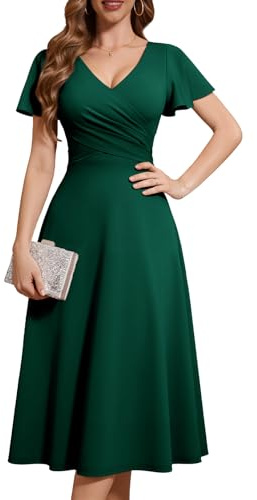 Fynadressr St Patricks Day Dress Womens Wedding Guest Semi Formal Cocktail Midi Dress Wrap V Neck Short Sleeve Party Prom Bridesmaid Evening Dresses Dark Green XL
