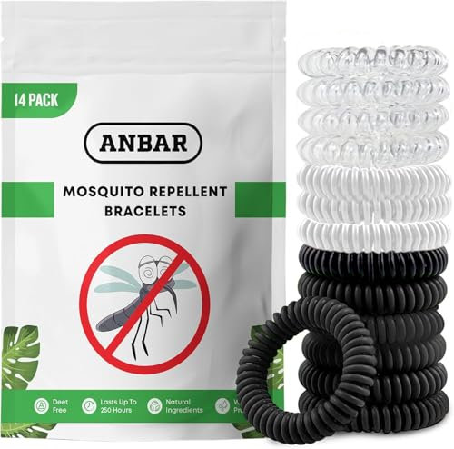 Anbar Mosquito Repellent Bracelets Bands for Adults and Kids, 14 Pack, All-Natural Deet-Free, Non-Toxic Protection, Stretchy Waterproof Anti-Mosquito Wristbands for Hiking and Camping, 3 Colours