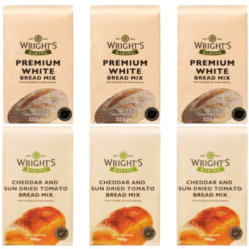 Wright's White bread mix 3X500g & Wright's Cheddar & Sundried Tomato Bread Mix 3X500g, Easy Hand or Machine Baking, Simply Add Water, for Homemade Fresh-Baked Bread, Fluffy Loaves,Vegetarian Friendly