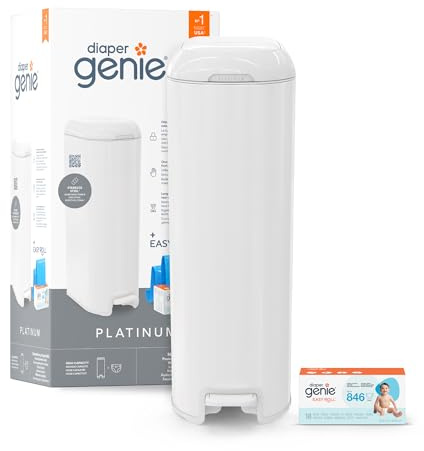Diaper Genie Platinum – Stainless Steel Diaper Pail | Large Capacity 47 Diapers | Odor Control | Hands-Free Pedal | White