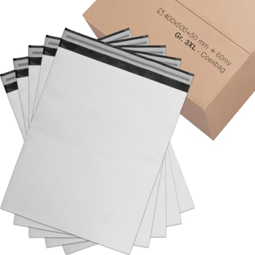verpacking Versandbeutel 400x500 mm Weiß/Schwarz [Größe und Stückzahl wählbar] Blickdicht Coex Versandtaschen für Kleidung selbstklebend Verpackungstüten Folienversandtaschen 500 Stück