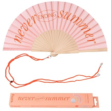 Fisura – Ventaglio in legno moderno con messaggio “never ending summer”. Accessorio trendy e colorato, ventaglio a mano rosa e arancione con gancio incluso. Dimensioni: 42,5 x 23 cm
