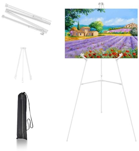 Yeqqzq Easel Stand for Sign, Artist Instant Tripod Folding Floor Easel Stand, Display Easel for Wedding Sign Poster Stand for Painting, Adjustable Metal Easel with Carrying Bag (White)