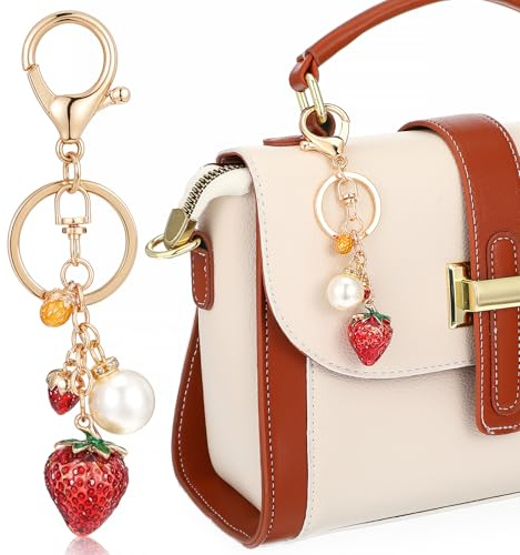 Ouligay Erdbeere Schlüsselanhänge mit Perlen Kawaii Taschenanhänger Erdbeer Bag Charms Tasche Anhänger Schlüssel Cute Keychain Beste Freundin Geschenk für Mädchen Damen Geldbörse, Rot