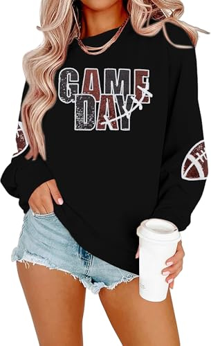 MYHALF Game Day Sweatshirt Football Shirts: Women Gameday Sequin Outfits Football Fan Game Day Shirt Long Sleeve Casual Tops Black