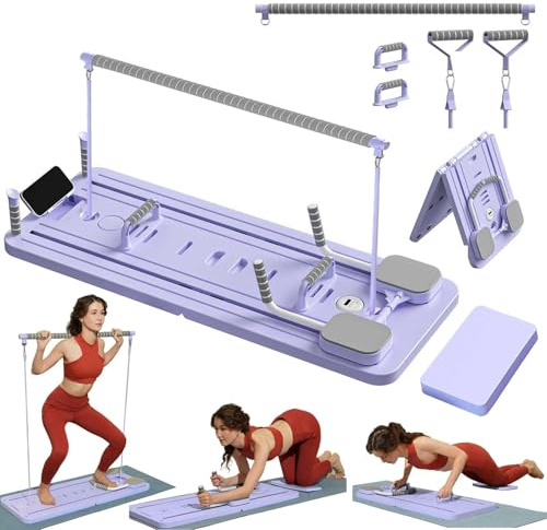 ExeractFit Mini Reformer Pilates Kit avec Barre de Pilate et Bandes de Résistance, Pilates Board Planche Pilate Maison Multifonctionnel Rouleau Abdominaux Équipement d'entraînement(Violet)