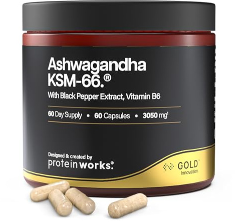 Protein Works | Ashwagandha KSM-66 - Gold, 3000mg, 60 Kapseln | Mit Schwarzem Pfeffer & Vitamin B6, Hochdosiert Premium-Formulierung, Bio KSM-66 Ashwagandha-Wurzelextrakt 250mg, Vegan