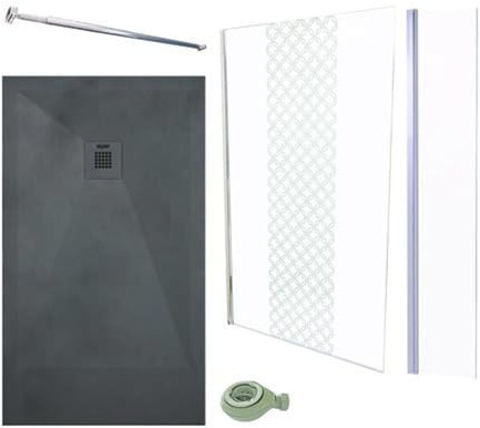 ONDÉE - Kit Douche 160x90 cm Receveur Resine H.3 cm Nola3 Anthracite PN24 + Bonde Extraplate Ø90 cm + Paroi Italienne Taila 120x200 cm + Barre De Fixation Murale Chrome + Deflecteur Chrome 40x200 cm