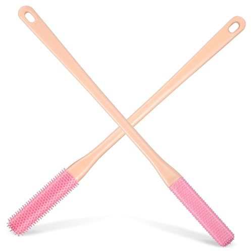 LAPYAPPE Silicone Shower Toe Brush and Foot Scrubber 2pcs Set with Long Handle Soft Pink Toe Gap Cleaning Brush and Exfoliating Foot Cleaner for and Hygiene