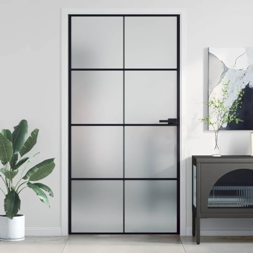 Divisor de ambientes, puerta corredera de cristal, juego completo, puerta interior fina, negro, 102,5 x 201,5 cm, vidrio templado y aluminio, ideal para armarios, balcones y espacios pequeños