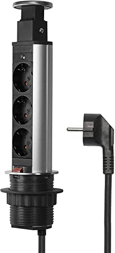 Elbe Inno Multipresa da scrivania a scomparsa, torretta a scomparsa con 3 Prese Schuko, colonnina multipresa da tavolo, Presa multipla da incasso Ideale per Ufficio, Cucina, piani di lavoro Diametro 60mm