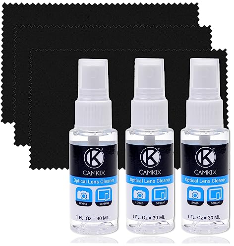 Kit de nettoyage pour objectifs d'appareil photo et écrans - 3 x flacon de liquide de nettoyage - 3 x chiffons de nettoyage en micro-fibre . Parfait pour nettoyer les lentilles de votre DSLR ou caméra Go Pro- convient également pour votre smartphone, tablette, ordinateur portable, ect.