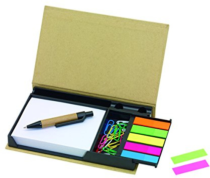 Memobox DRAWER – Notizzettelbox mit 120 Abreißblättern, 20 Büroklammern in verdeckter Schublade, 5×20 farbige Markierstreifen & Mini-Kugelschreiber | Umweltfreundlicher Einband aus recycelter Pappe