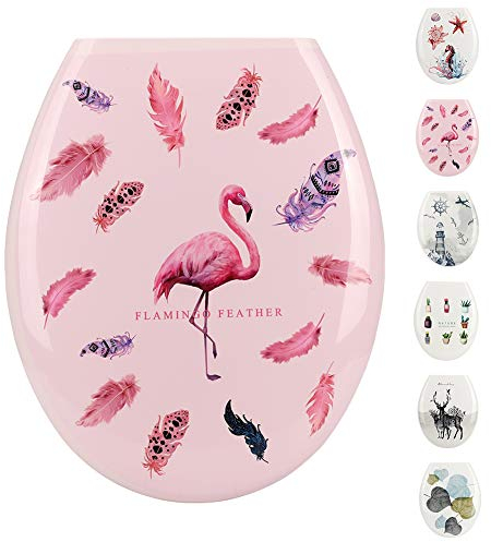 WC-Sitz Pflegeleichter Thermoplast Flamingo WC Sitz Toilettensitz Klodeckel Klobrille Toilettendeckel (Flamingo und Feder)