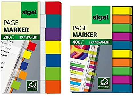 Sigel HN677 Haftmarker Transparent, 7 Farben, 280 Streifen im Format 12 x 50 mm & Sigel HN617 Haftmarker Film, Textstreifen, 1er Pack (400 extra schmale Streifen im Format 6 x 50 mm)
