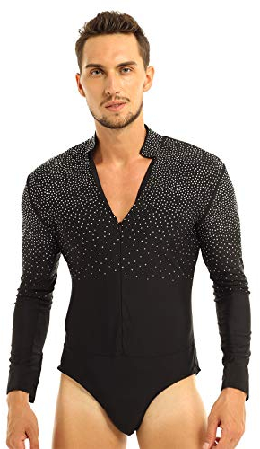 inlzdz Herren Body Langarm Bodysuit Giltzer Tanz-Body mit Strass Latein Standard Hemdbody Leotard Overalls Party Performance Tanzkostüm Schwarz M
