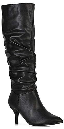 ESSEX GLAM New Womens Knee High Boots Ladies Kitten Low Mid Heels Pointed Toe Ruched Zip Size 3-8