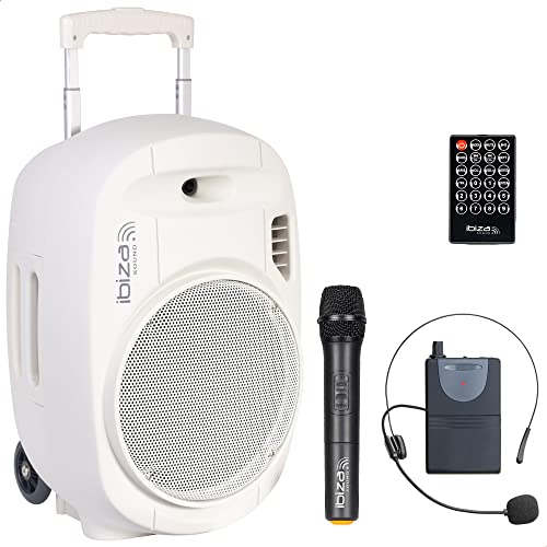 Ibiza - PORT12UHF-WH-MKII - Sistema di altoparlanti portatili 12/700W MAX con 2 microfoni (UHF), telecomando e custodia protettiva - Bluetooth, USB, SD - autonomia da 5 a 7 ore - Bianco