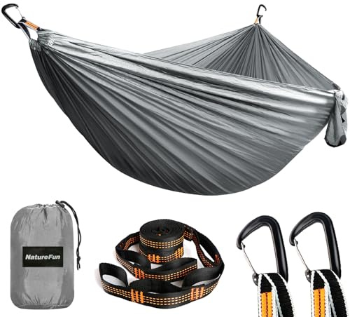 NATUREFUN Hamaca Ultraligera para Camping (300x200 cm) | 300 kg de Capacidad de Carga,Estilo Paracaídas de Nylon, Transpirable y de Secado Rápido | 2 Mosquetones Premium, 2 Eslingas de Nylon Incluidas