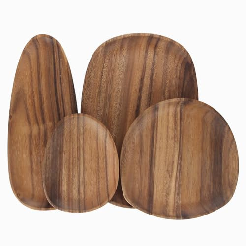 AOOSY Set of 4 Acacia Wood Serving Platter Set, Irregular Oval Wooden Serving Trays for Party, Bread, Appetizer, Salad – Charcuterie Board, Wood Dinner Plates, Housewarming Gift