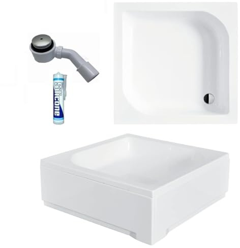 ECOLAM® Duschwanne 90x90 x 29,5 cm Tiefe 16,5 cm Duschtasse Ares Viereck quadratisch Acryl weiß + Siphon + Silikon