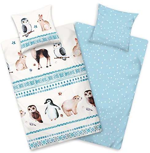 Aminata kids Biber Bettwäsche 135x200 Kinder Tier-Motiv Pinguin Eisbär Eule Baumwolle Reißverschluss, Kinder-Wende-Biber-Bettwäsche-Set Winter-Motiv, warm, weich, Polar-Tiere weiß blau