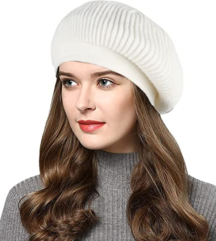Wantonfy Damen Barett Französische Baskenmütze Winter Strick Barett Fischerhut Wolle Wintermütze für Herbst Winter