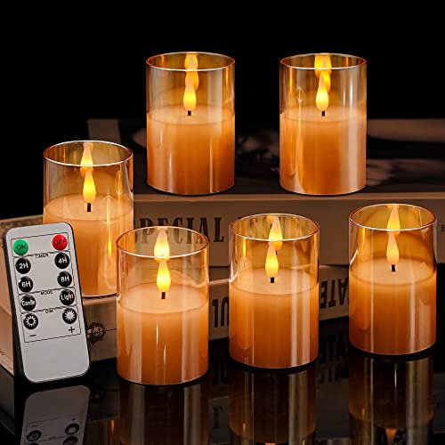 VIODAIM 6Pack Glass Flickering Flameless Candles with Remote, 2X3 Real Wax Votive Candles Battery Operated, Small Electric LED Candles for Wedding Home Decor, w/4 Timers+2 Lighting Modes [Gold]