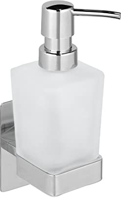 WENKO Turbo-Loc Seifenspender Genova Shine, 200 ml, Befestigen ohne Bohren, Edelstahl/Glas satiniert, 6,2 x 19,7 x 9 cm, Silber glänzend