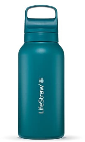 LifeStraw Go Series — Insulated Stainless Steel Water Filter Bottle for Travel and Everyday Use Removes Bacteria, Parasites and Microplastics, Improves Taste, 1L Laguna Teal