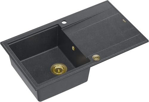 QUADRON Spülbecken Spüle Schwarz & Golden | Größe 86 x 50 x 21 cm | Granit Granitspüle EVAN 111 Einzelbecken Küchenspüle | mit manuellem Siphon und Abtropffläche | 1 Becken Einbauspüle